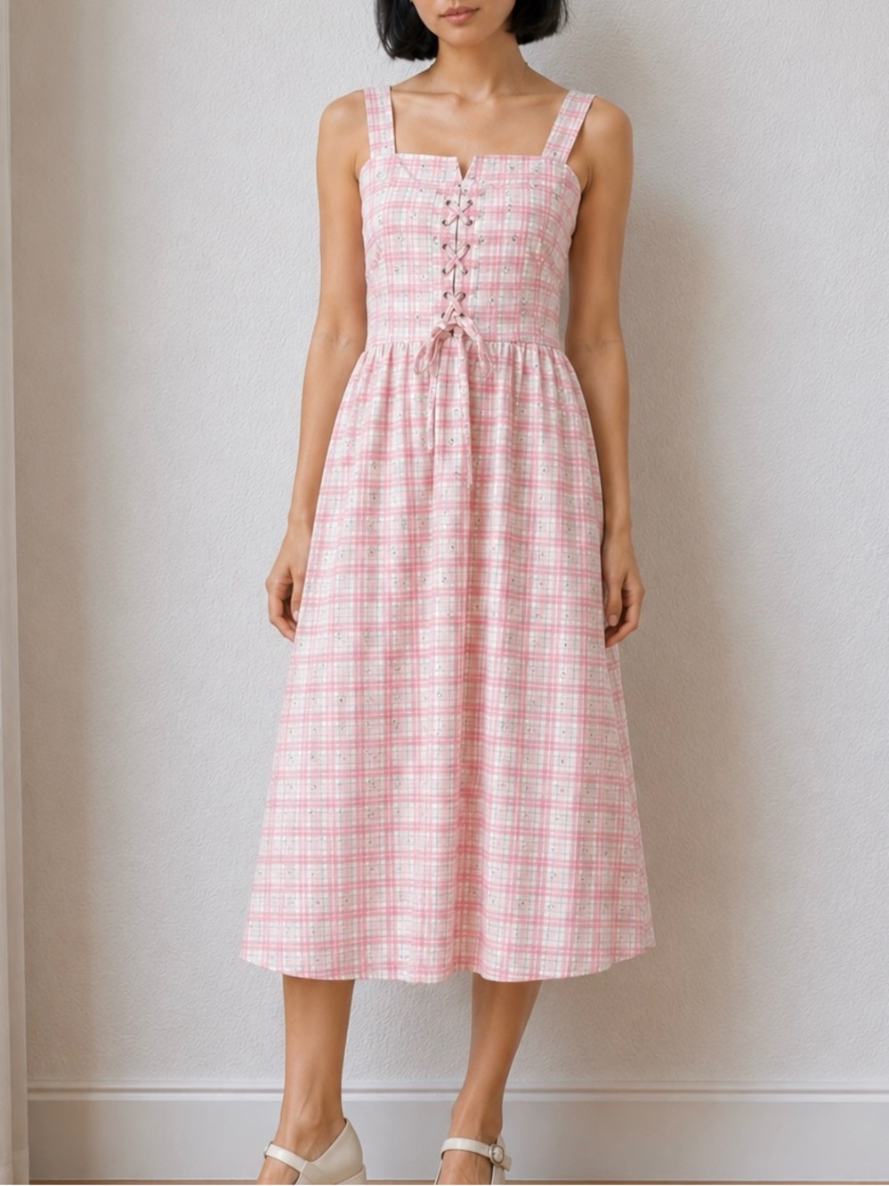 Coquette Pink Plaid Midi Dress 🎀 Cottagecore Lace Up Floral Soft Girl Dress